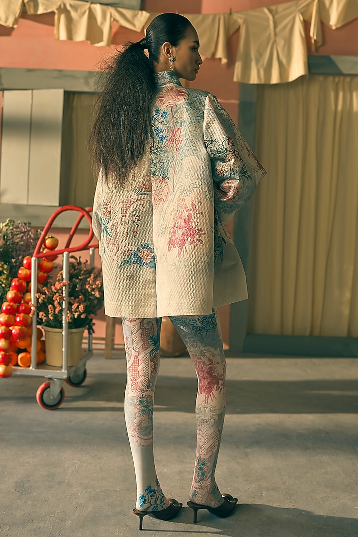 Teal Mist Satin Twill Digital Printed Jacket by Pankaj & Nidhi at Pernia's Pop Up Shop