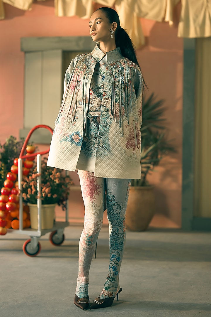 Teal Mist Satin Twill Digital Printed Jacket by Pankaj & Nidhi at Pernia's Pop Up Shop