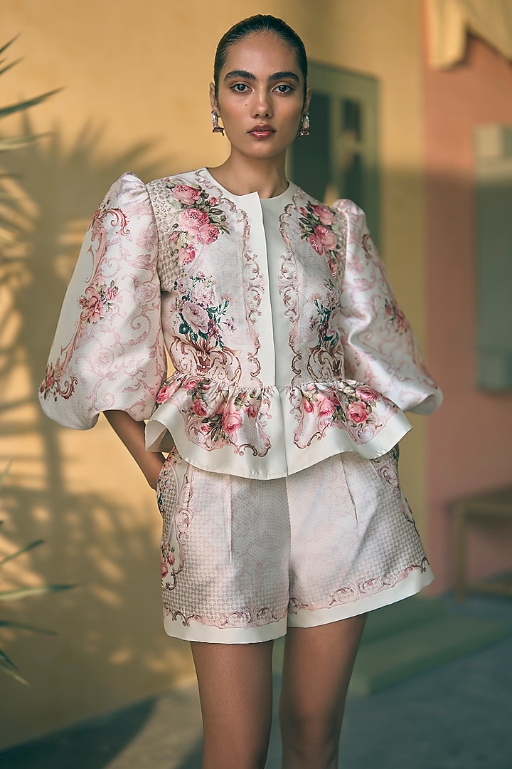 Ecru Satin Twill Digital Printed Co-Ord Set by Pankaj & Nidhi at Pernia's Pop Up Shop