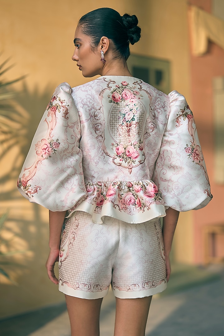 Ecru Satin Twill Digital Printed Co-Ord Set by Pankaj & Nidhi at Pernia's Pop Up Shop