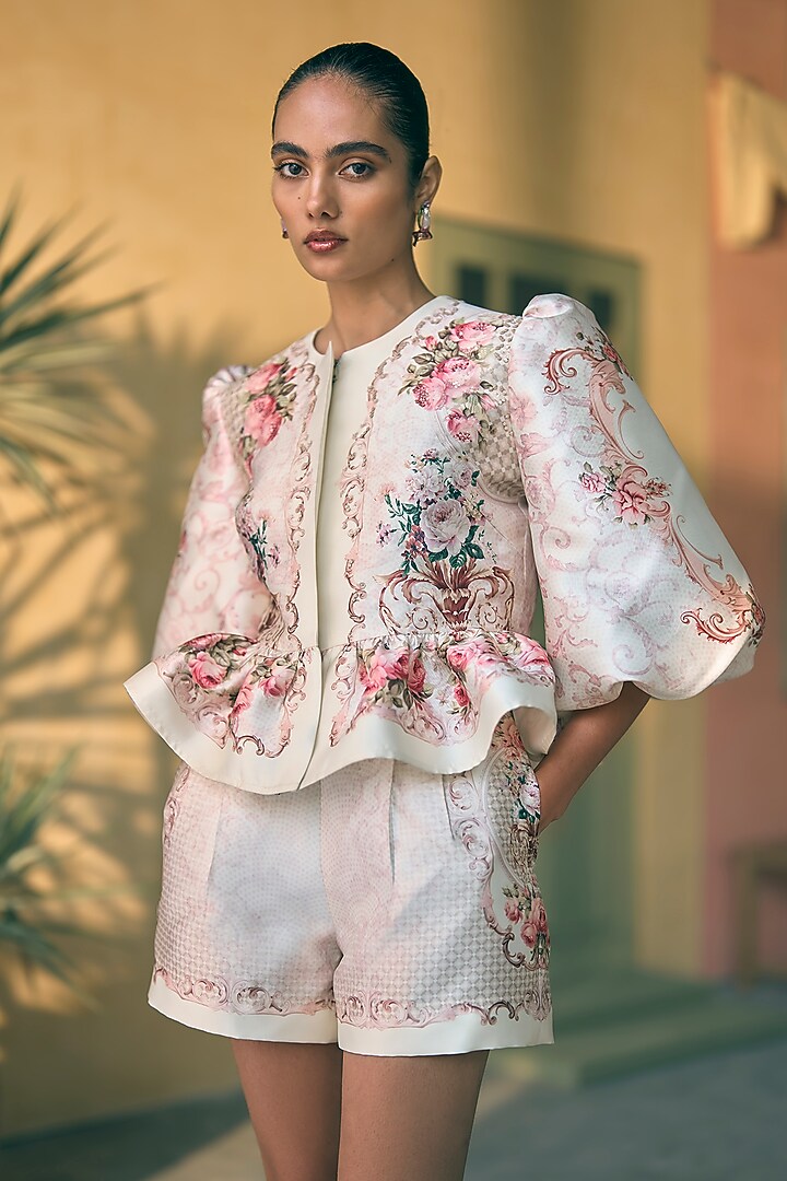 Ecru Satin Twill Digital Printed Co-Ord Set by Pankaj & Nidhi at Pernia's Pop Up Shop