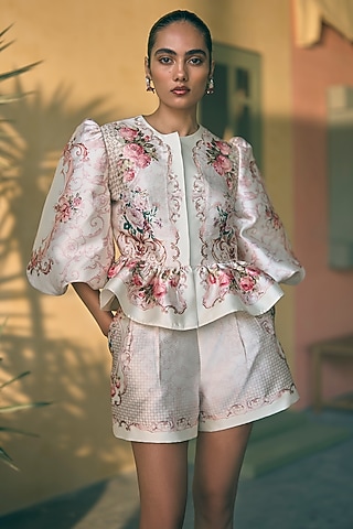 Ecru Satin Twill Digital Printed Jacket by Pankaj & Nidhi