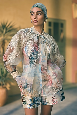 Butter Yellow Silk Organza Digital Printed Top by Pankaj & Nidhi