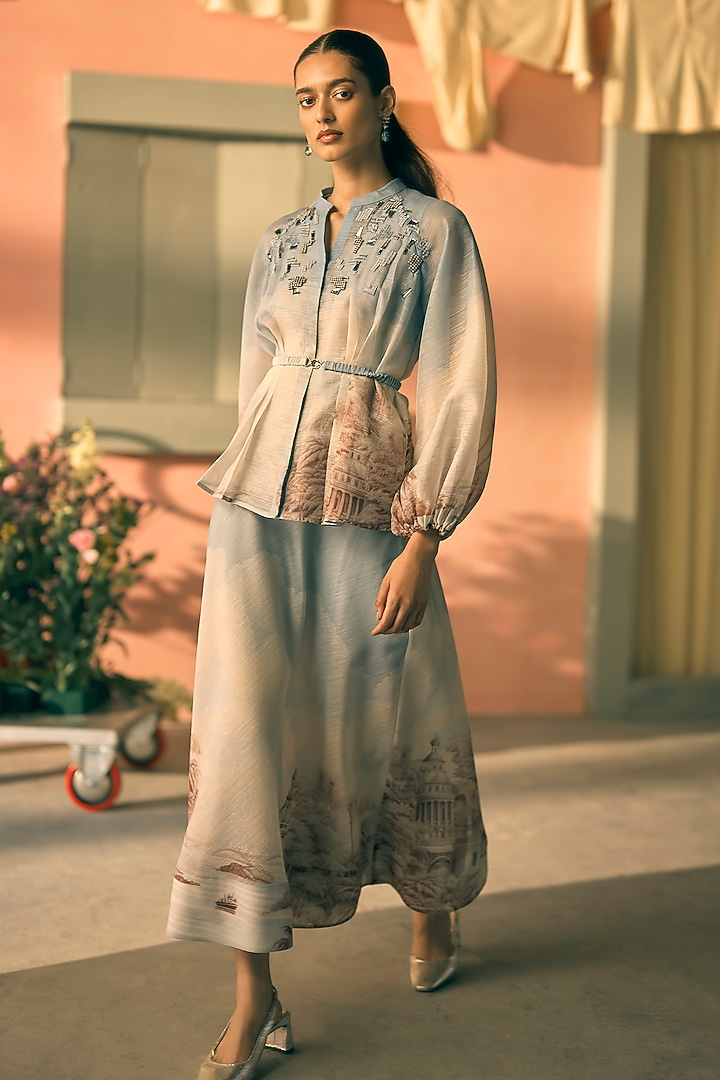 River Blue Organza Digital Printed Co-Ord Set by Pankaj & Nidhi at Pernia's Pop Up Shop