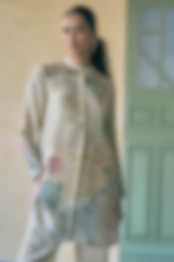 Olive Silk Crepe Printed & Embroidered Tunic by Pankaj & Nidhi at Pernia's Pop Up Shop