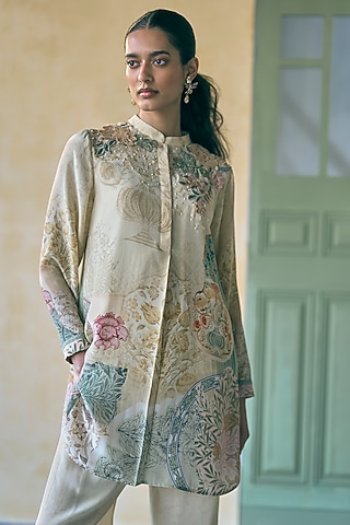 Olive Silk Crepe Printed & Embroidered Tunic by Pankaj & Nidhi