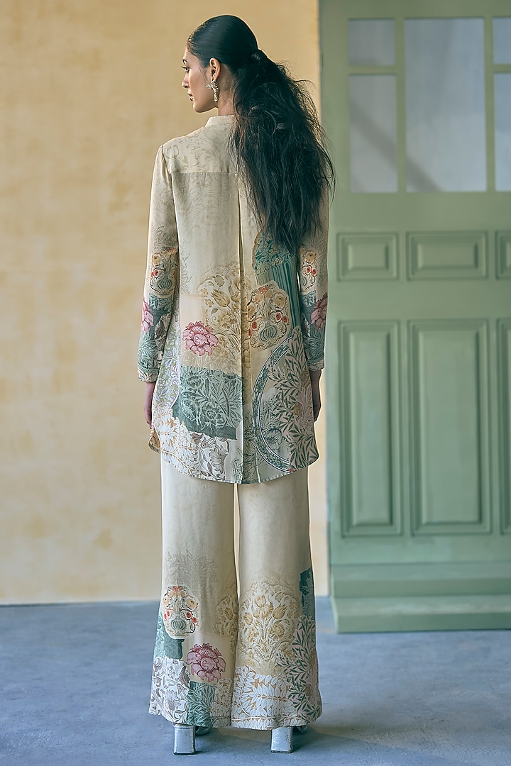 Olive Silk Crepe Printed & Embroidered Tunic by Pankaj & Nidhi at Pernia's Pop Up Shop