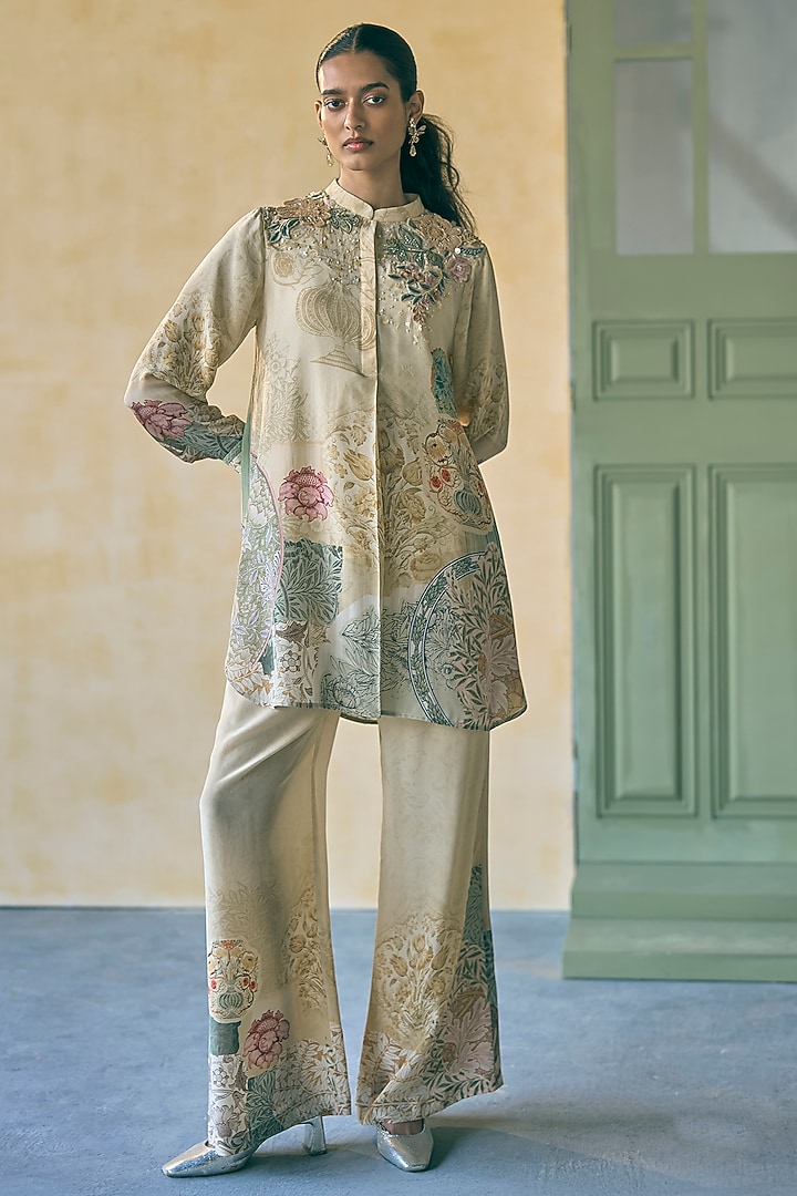 Olive Silk Crepe Printed & Embroidered Tunic by Pankaj & Nidhi at Pernia's Pop Up Shop