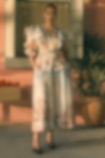 River Blue Linen Digital Printed A-Line Midi Skirt Set by Pankaj & Nidhi at Pernia's Pop Up Shop