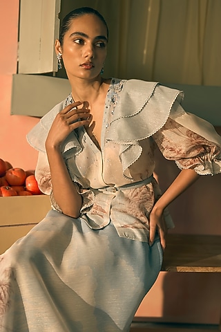 River Blue Linen Digital Printed Top by Pankaj & Nidhi