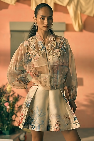 Butter Yellow Silk Organza Digital Printed Jacket by Pankaj & Nidhi