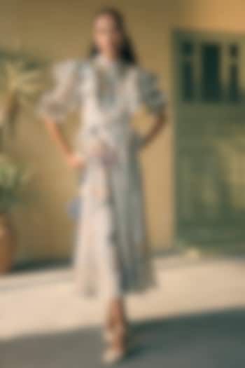 Seafoam Linen Digital Printed A-Line Midi Skirt Set by Pankaj & Nidhi at Pernia's Pop Up Shop