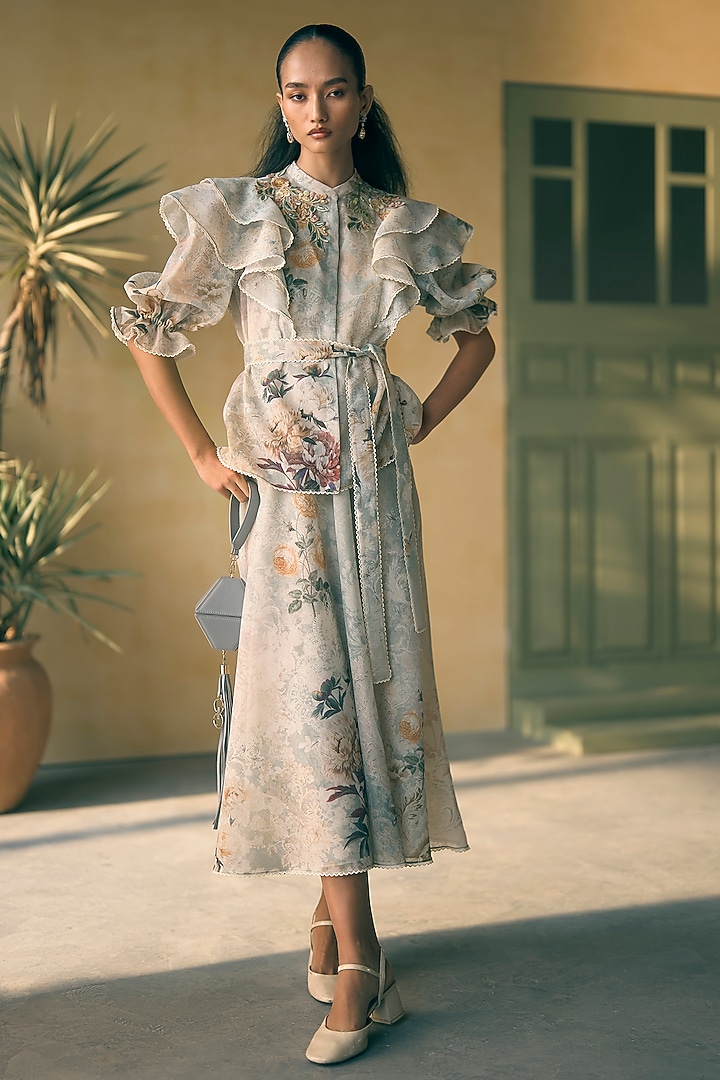 Seafoam Linen Digital Printed A-Line Midi Skirt Set by Pankaj & Nidhi at Pernia's Pop Up Shop