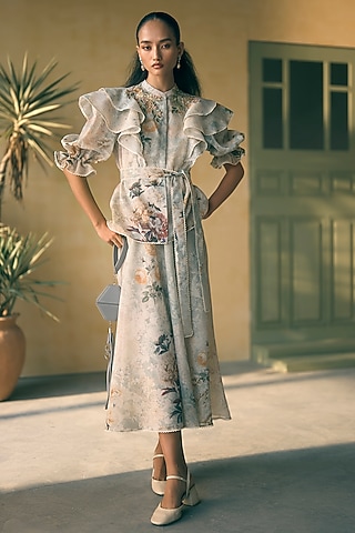 Seafoam Linen Digital Printed A-Line Midi Skirt Set by Pankaj & Nidhi