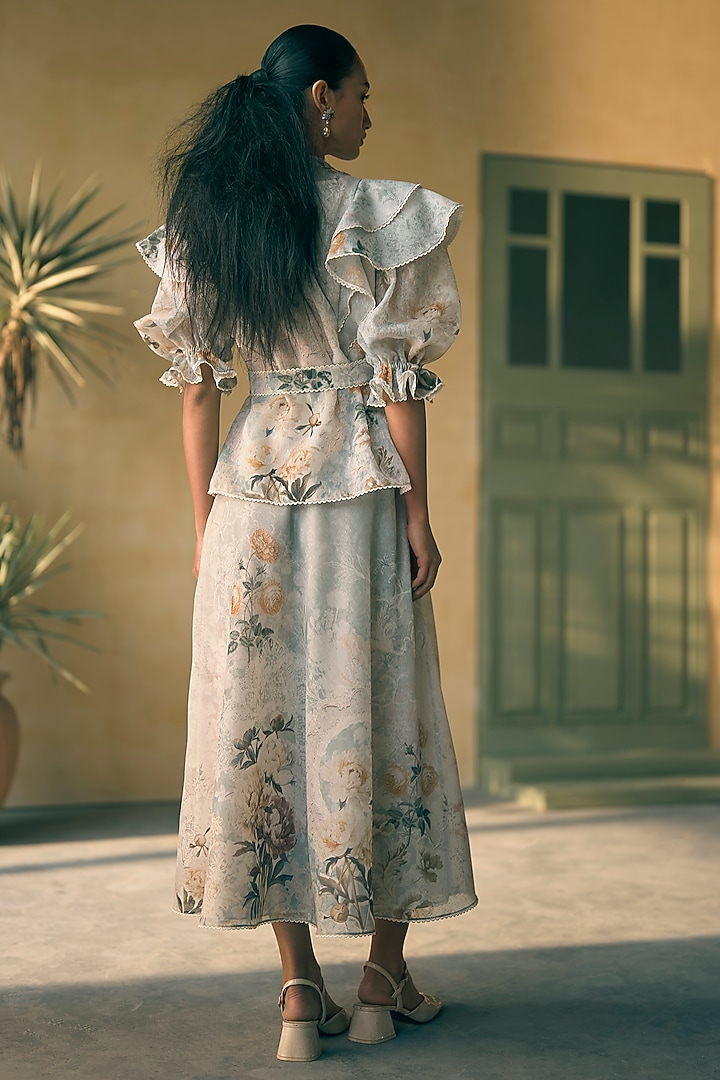 Seafoam Linen Digital Printed A-Line Midi Skirt Set by Pankaj & Nidhi at Pernia's Pop Up Shop