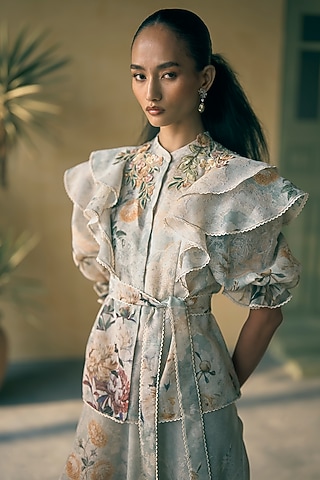 Seafoam Linen Digital Printed Top by Pankaj & Nidhi