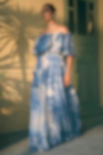Royal Azure Chiffon Digital Printed Tiered Maxi Cocktail Dress by Pankaj & Nidhi at Pernia's Pop Up Shop