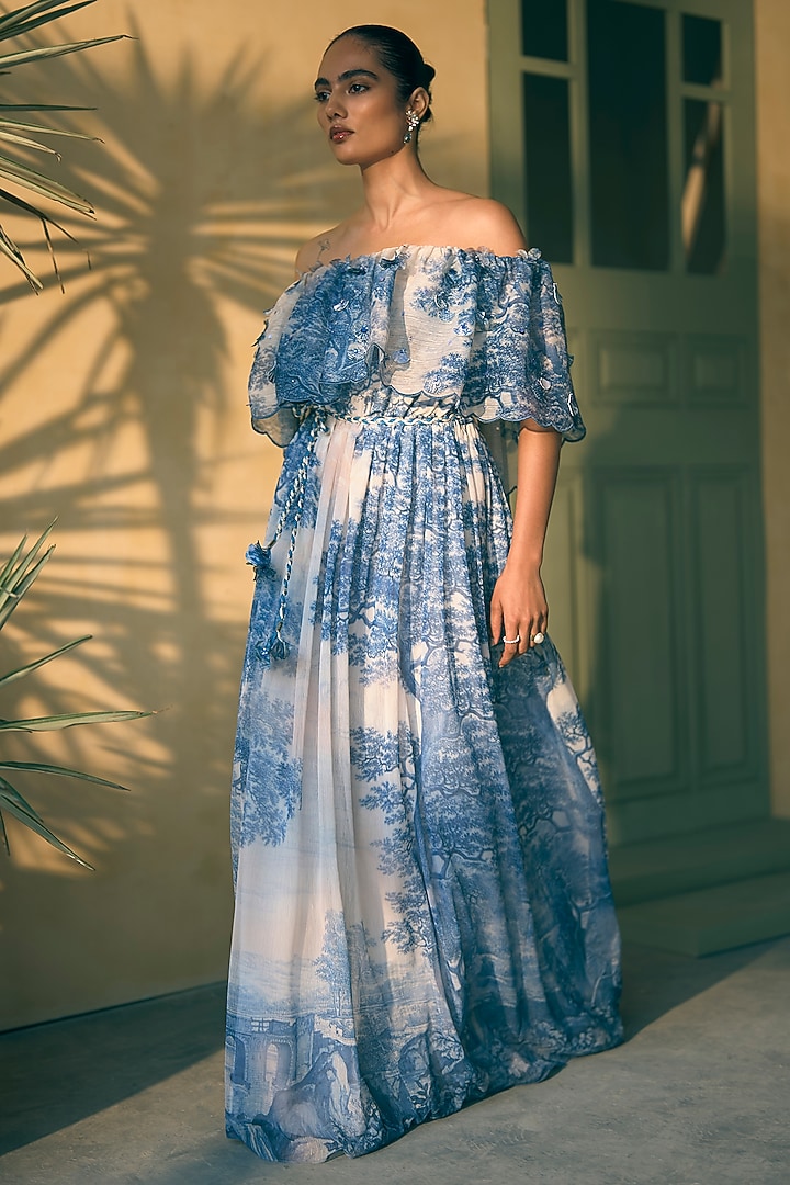Royal Azure Chiffon Digital Printed Tiered Maxi Cocktail Dress by Pankaj & Nidhi at Pernia's Pop Up Shop