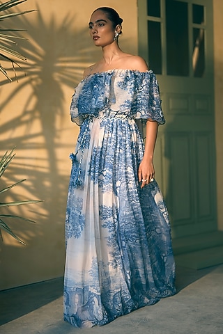 Royal Azure Chiffon Digital Printed Tiered Maxi Dress by Pankaj & Nidhi