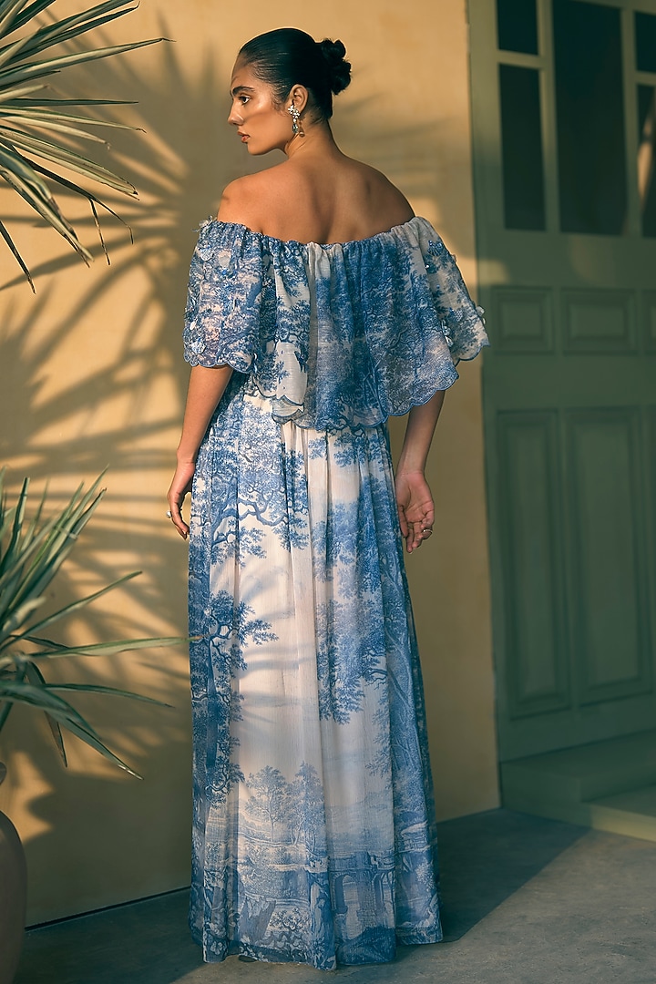 Royal Azure Chiffon Digital Printed Tiered Maxi Cocktail Dress by Pankaj & Nidhi at Pernia's Pop Up Shop