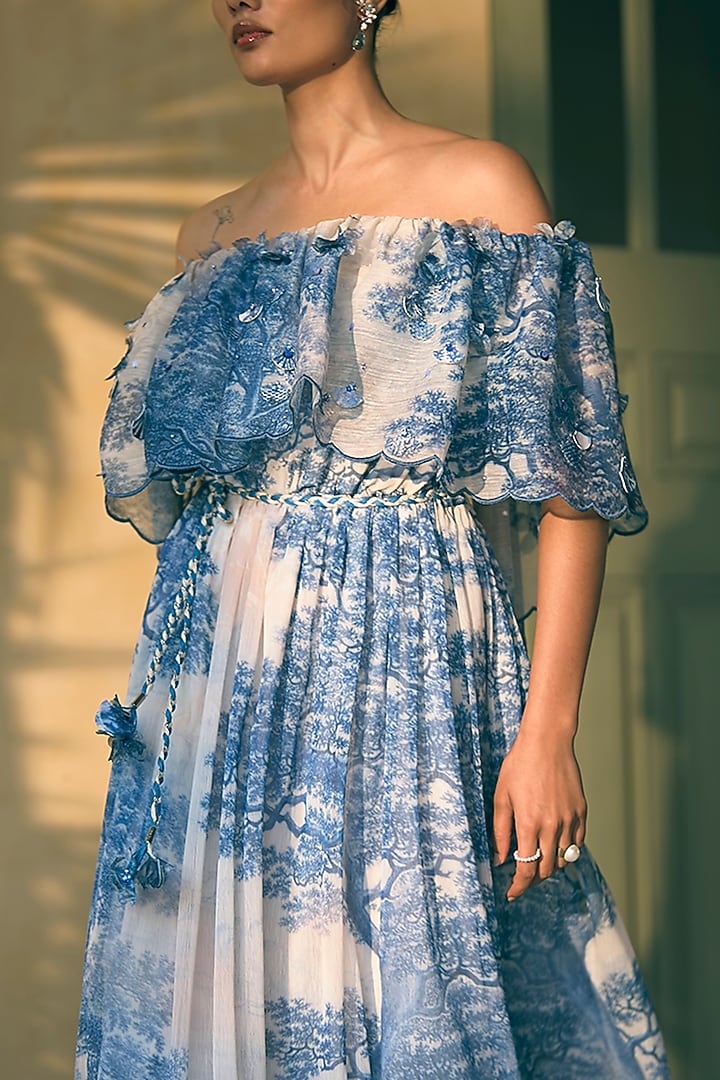 Royal Azure Chiffon Digital Printed Tiered Maxi Cocktail Dress by Pankaj & Nidhi at Pernia's Pop Up Shop
