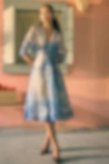 Royal Azure Silk Organza Digital Printed Midi Cocktail Dress by Pankaj & Nidhi at Pernia's Pop Up Shop