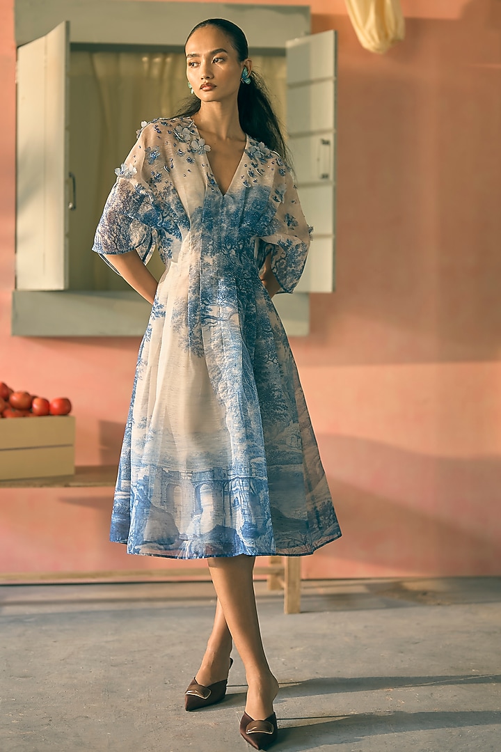 Royal Azure Silk Organza Digital Printed Midi Cocktail Dress by Pankaj & Nidhi at Pernia's Pop Up Shop