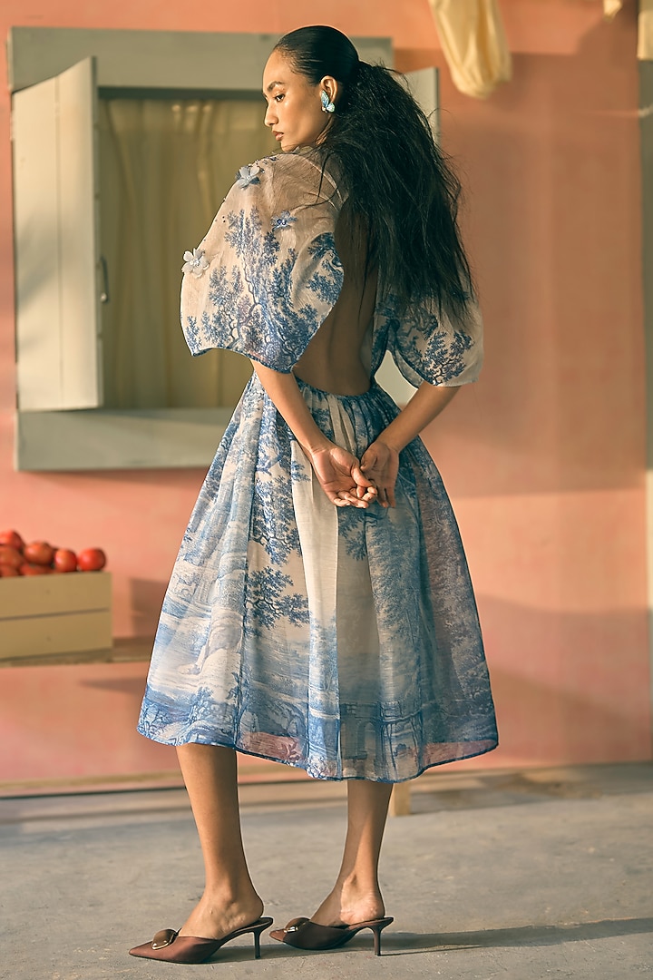 Royal Azure Silk Organza Digital Printed Midi Cocktail Dress by Pankaj & Nidhi at Pernia's Pop Up Shop