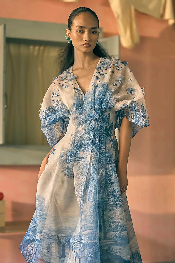 Royal Azure Silk Organza Digital Printed Midi Cocktail Dress by Pankaj & Nidhi at Pernia's Pop Up Shop