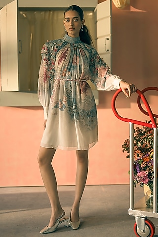 Teal Mist Chiffon Digital Printed Mini Dress by Pankaj & Nidhi