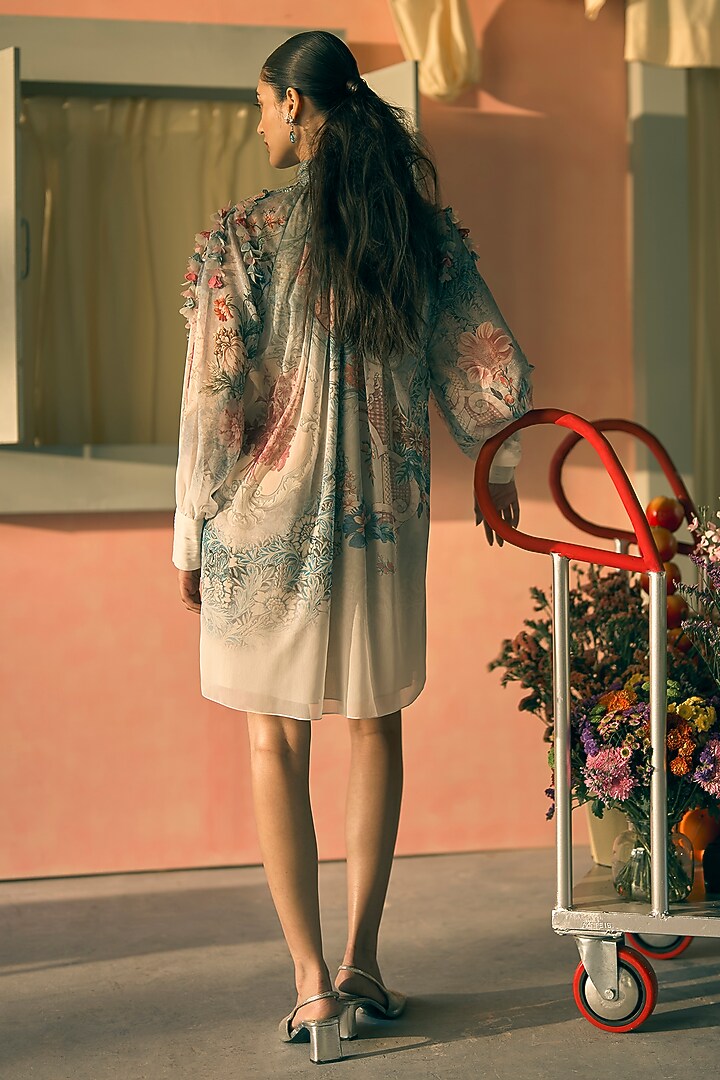 Teal Mist Chiffon Digital Printed Mini Cocktail Dress by Pankaj & Nidhi at Pernia's Pop Up Shop