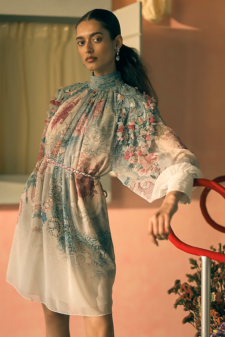 Teal Mist Chiffon Digital Printed Mini Cocktail Dress by Pankaj & Nidhi at Pernia's Pop Up Shop