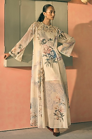 Butter Yellow Chiffon Digital Printed Maxi Dress by Pankaj & Nidhi