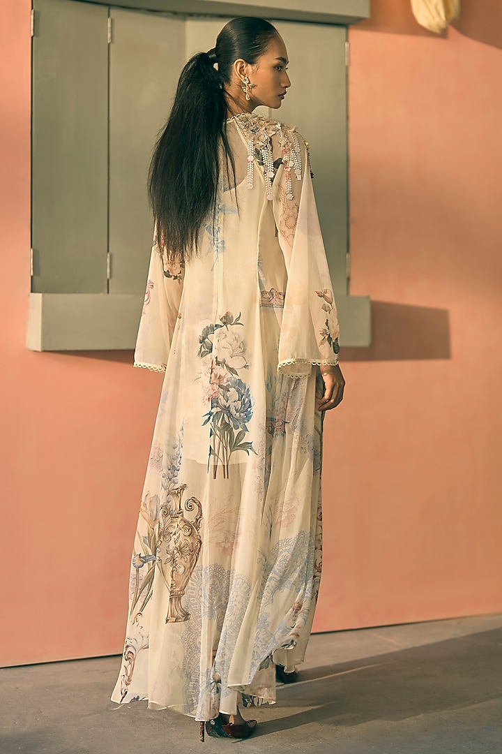 Butter Yellow Chiffon Digital Printed Maxi Cocktail Dress by Pankaj & Nidhi at Pernia's Pop Up Shop