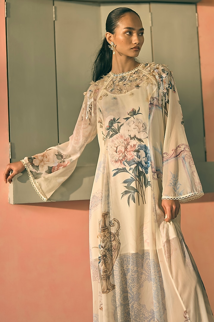 Butter Yellow Chiffon Digital Printed Maxi Cocktail Dress by Pankaj & Nidhi at Pernia's Pop Up Shop