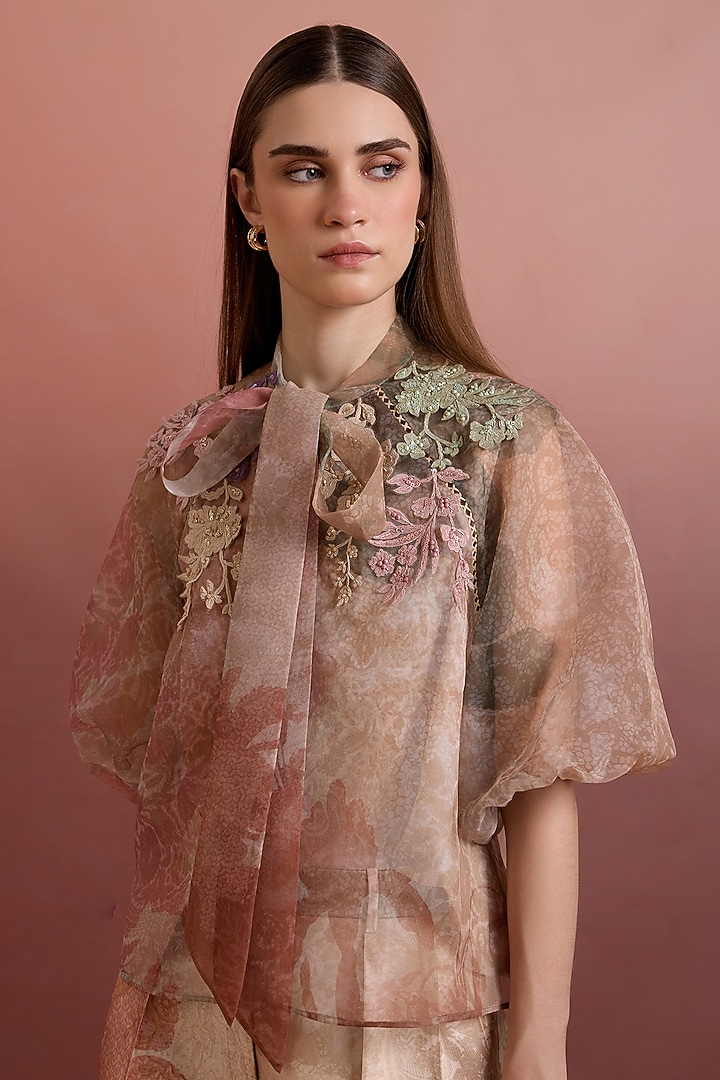 Beige Poly Organza & Satin Twill Co-Ord Set by Pankaj & Nidhi at Pernia's Pop Up Shop
