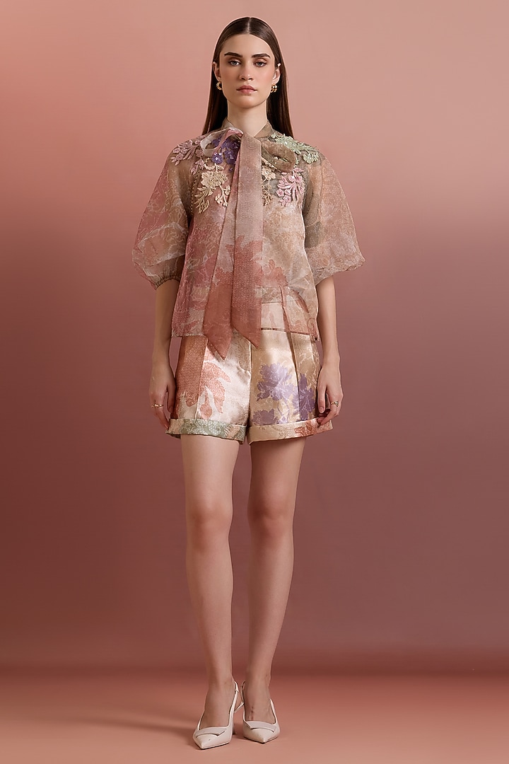 Beige Poly Organza Cord Work Top by Pankaj & Nidhi at Pernia's Pop Up Shop