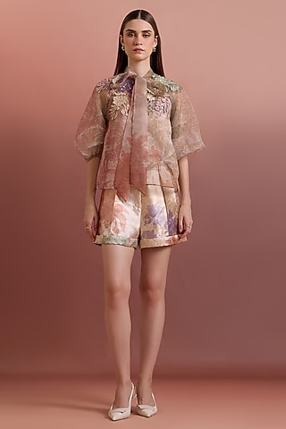 Beige Poly Organza Cord Work Top by Pankaj & Nidhi