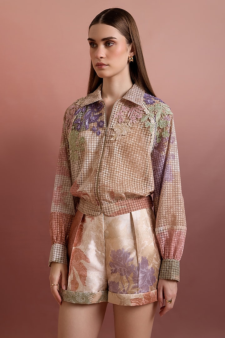 Multi-Colored Embroidered Fabric Bomber Jacket by Pankaj & Nidhi at Pernia's Pop Up Shop