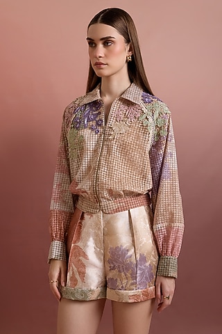 Multi-Colored Embroidered Fabric Bomber Jacket by Pankaj & Nidhi