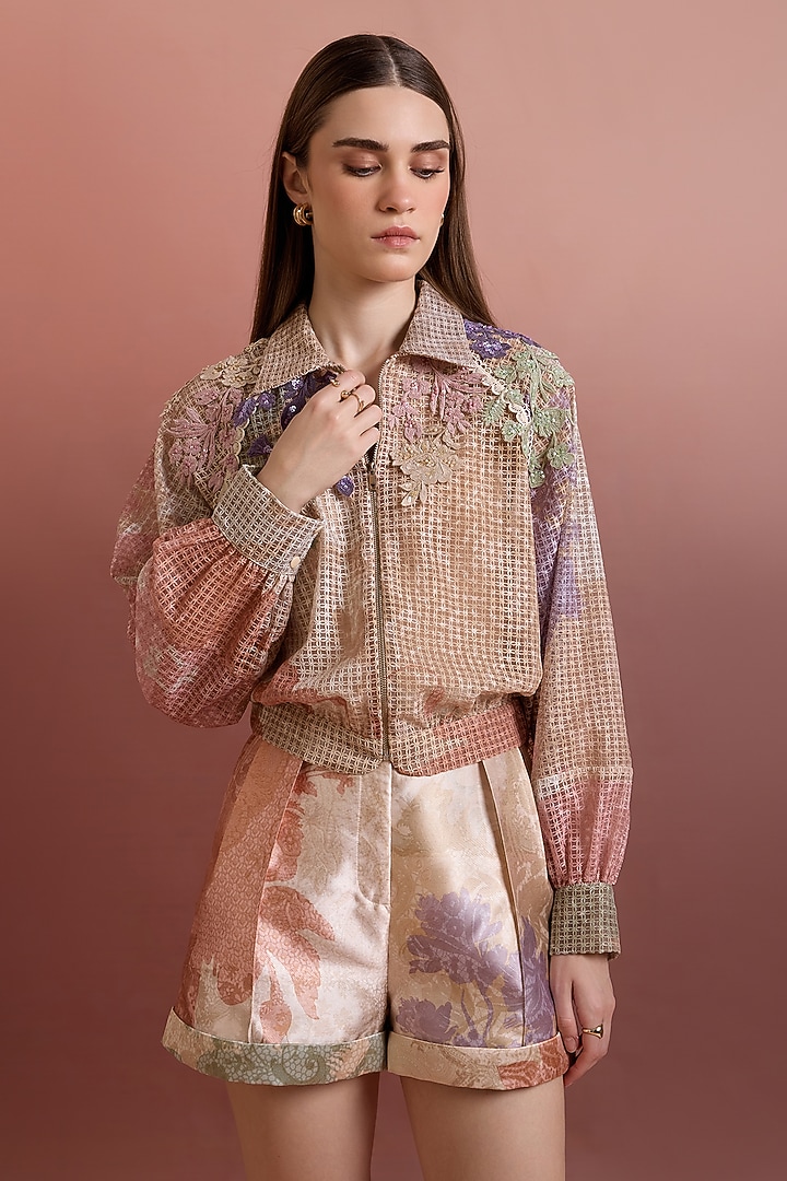 Multi-Colored Embroidered Fabric Bomber Jacket by Pankaj & Nidhi at Pernia's Pop Up Shop