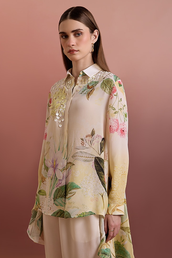 Crayola-Colored Silk Crepe Hand Embellished Shirt by Pankaj & Nidhi at Pernia's Pop Up Shop