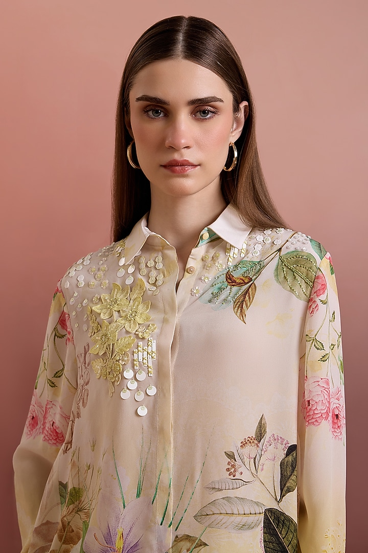 Crayola-Colored Silk Crepe Hand Embellished Shirt by Pankaj & Nidhi at Pernia's Pop Up Shop