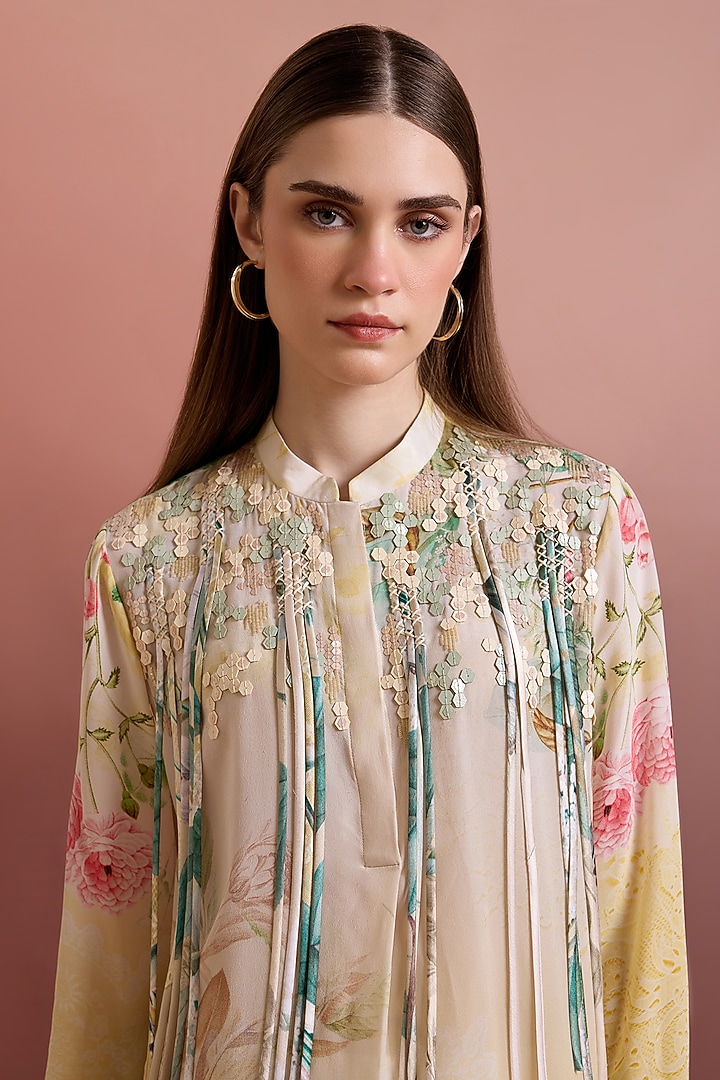 Crayola-Colored Silk Crepe Fringed Hand Embellished Tunic Set by Pankaj & Nidhi at Pernia's Pop Up Shop