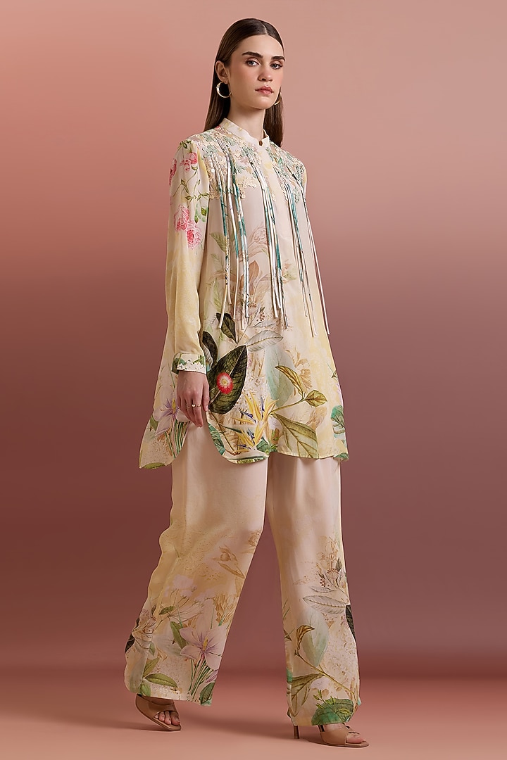 Crayola-Colored Silk Crepe Fringed Hand Embellished Tunic by Pankaj & Nidhi at Pernia's Pop Up Shop