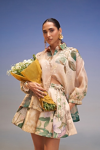 Crayola-Colored Lurex Linen Hand Embellished Shirt by Pankaj & Nidhi