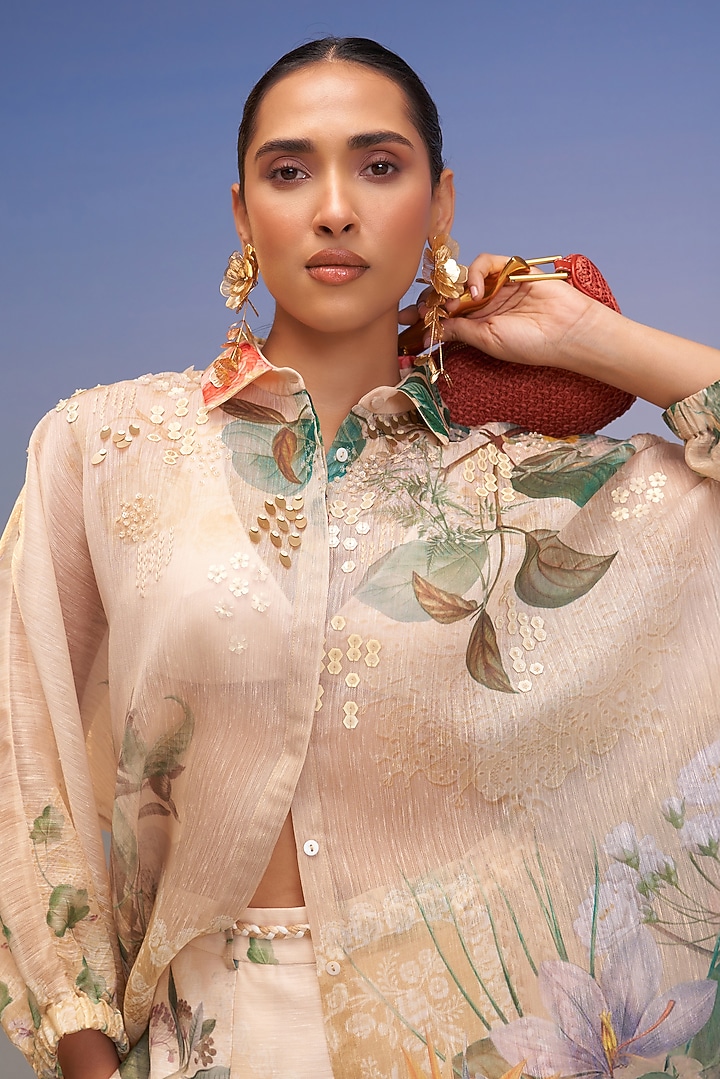 Crayola-Colored Lurex Linen Hand Embellished Shirt by Pankaj & Nidhi at Pernia's Pop Up Shop