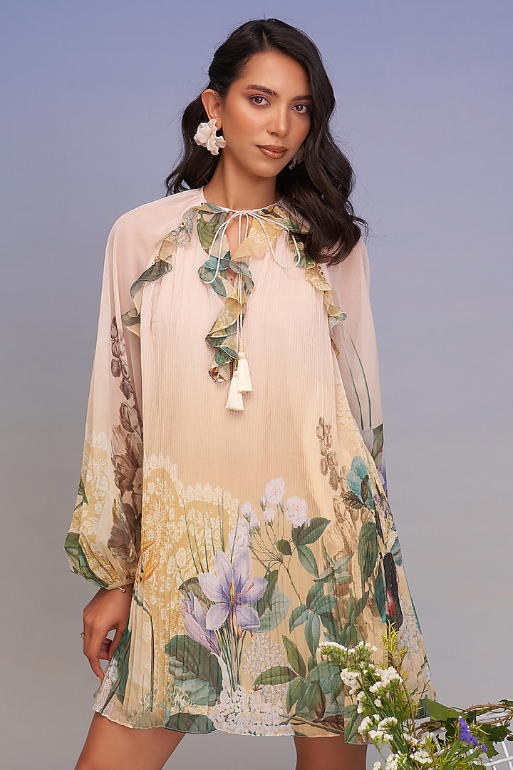 Crayola-Colored Chiffon Pleated Mini Vacation Dress by Pankaj & Nidhi at Pernia's Pop Up Shop