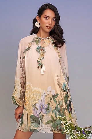Crayola-Colored Chiffon Pleated Mini Dress by Pankaj & Nidhi