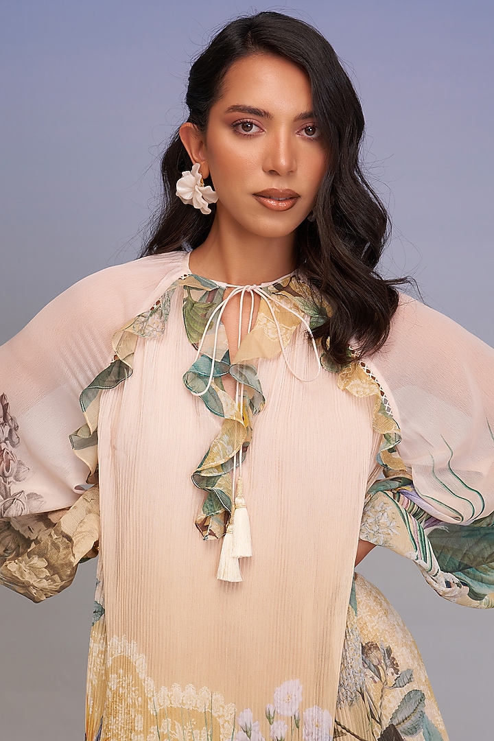 Crayola-Colored Chiffon Pleated Mini Vacation Dress by Pankaj & Nidhi at Pernia's Pop Up Shop